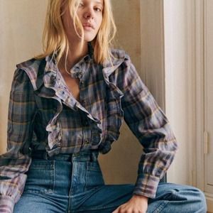 Sezane | EUC Purple Plaid Linen Jane Shirt Blush Check Print 40 US 8